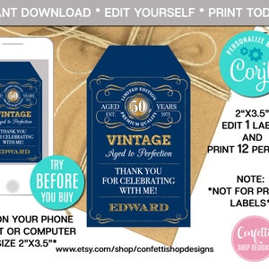 EDITABLE Aged To Perfection Favor Tag, Any Age, Navy Blue, Birthday Thank You Tag, Gift Tag, Whiskey Favor Tag, Instant Download, CORJL