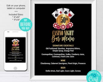 Editable Casino Night Bar Menu Sign Template, Vegas Party Sign, Retirement Party, Playing Cards Poker, Printable Menu Digital Download