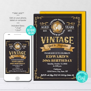 Editable Aged to Perfection Birthday Invitation ANY AGE Gold Whiskey Label Birthday Invitation Vintage Birthday Party Instant Download CORJL