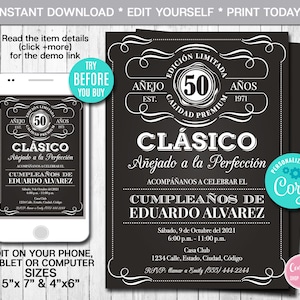 Editable Aged to Perfection Birthday Invitation, ANY AGE, Spanish, Whiskey Label Birthday Invitation, Vintage Party, Instant Download, CORJL
