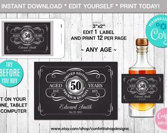 EDITABLE Mini Liquor Bottle Label, Aged to Perfection, Any Age, White, Whiskey Label, Instant Download, CORJL, Digital File, Printable