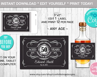 EDITABLE Mini Liquor Bottle Label, Aged to Perfection, Any Age, White, Whiskey Label, Instant Download, CORJL, Digital File, Printable