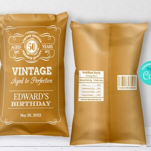 Editable Birthday Chip Bag Wrapper, Aged to Perfection, Chip Bag, Vintage Birthday Party Favor,  Whiskey Chips Bag, Instant Download, CORJL