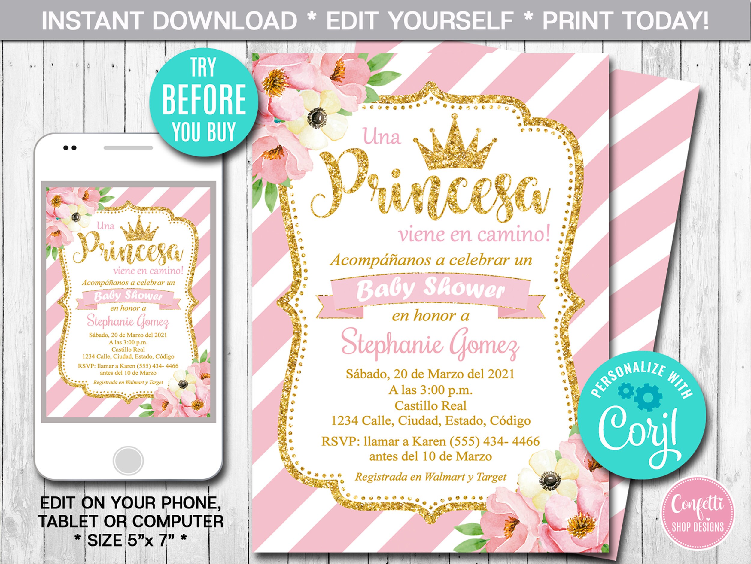 SPANISH Editable Princess Baby Shower Invitation Girl Pink Etsy
