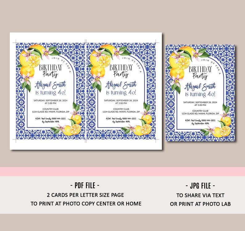 Editable Lemon Birthday Invitation Template, Mediterranean Birthday