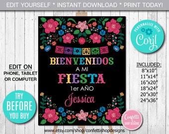 Editable Mexican Welcome Sign, Spanish Mexican Fiesta Welcome Sign, Fiesta Birthday Party Welcome Sign, Fiesta Party Decor, Instant Download