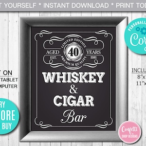 Editable Whiskey and Cigar Bar Sign ANY AGE to Perfection Birthday Party Sign Whiskey Label Sign, Party Decor Instant Download CORJL