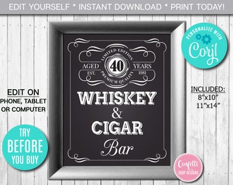 Editable Whiskey and Cigar Bar Sign ANY AGE to Perfection Birthday Party Sign Whiskey Label Sign, Party Decor Instant Download CORJL