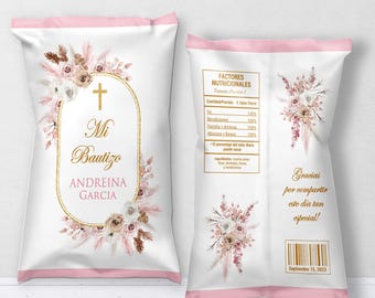 Pink Floral Baptism Chip Bag Wrappers: Editable Template (Digital Download)