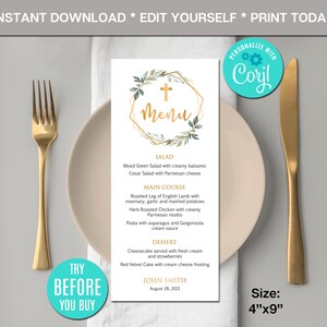 Può includere: Un biglietto del menu formale con un telaio geometrico dorato e un design a croce, circondato da foglie verdi. Il menu include opzioni di insalate, portate principali e dessert. La carta misura 10,16 cm x 22,86 cm.