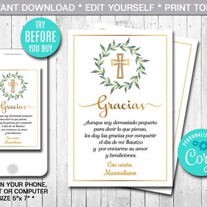 Bearbeitbare Spanische Taufe Dankeskarte, geschlechtsneutral, grün, Gold Taufe Dankeskarte, Note, printable, CORJL, Instant Download
