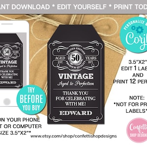編集可能な完璧な熟成記念品タグ、あらゆる年齢、誕生日のサンキュータグ、ギフトタグ、ウイスキー記念品タグ、即時ダウンロード、CORJL、デジタルファイル