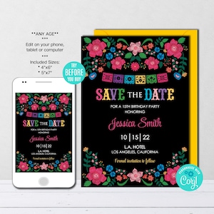 Save The Date Template, Mexican Theme, Mexican Flowers, Wedding, Birthday, Editable Template Printable, Instant Download Corjl