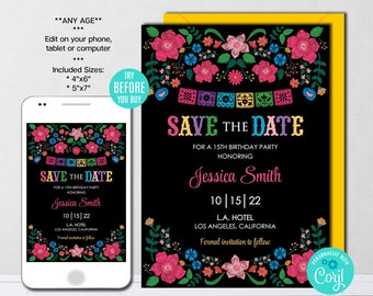 Save The Date Template, Mexican Theme, Mexican Flowers, Wedding, Birthday, Editable Template Printable, Instant Download Corjl