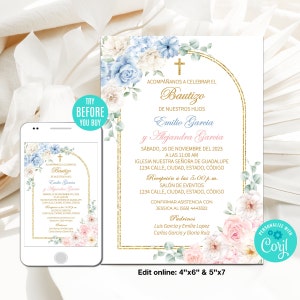Bearbeitbare Taufeinladungsvorlage, Zwillingsjungen- und Mädchentaufe einladen, Geschwistertaufe, Spanisch, rosa und blaue Blumen, Sofort Download