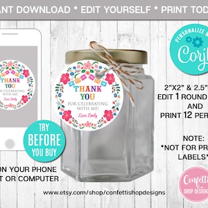 EDITIERBARE Mexikanische Geburtstag Favor Tag, mexikanische Favor Tag, Fiesta Geburtstag Dankeschön Tag, Geschenkanhänger, mexikanische Blumen, Instant Download, CORJL