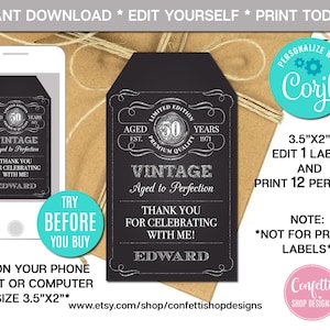 編集可能な完璧な熟成記念品タグ、あらゆる年齢、シルバー、誕生日のサンキュータグ、ギフトタグ、ウイスキー記念品タグ、即時ダウンロード、CORJL