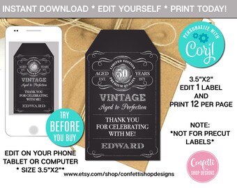 EDITABLE Aged To Perfection Favor Tag, Any Age,  Silver, Birthday Thank You Tag, Gift Tag, Whiskey Favor Tag, Instant Download, CORJL