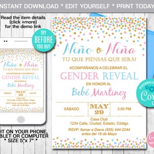 Bearbeitbare Gender Reveal Einladung, Spanisch, blau oder rosa, Junge oder Mädchen, er oder sie, Konfetti, Instant Download, printable, digitale Datei, CORJL