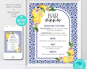 Editable Blue Tiles Lemon Bar Menu Sign Template, Italy Wedding Drink Bar Sign Printable, Mediterranean Birthday, Amalfi Bridal Shower
