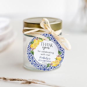 May include: Round thank you tag with a blue and white tile pattern, lemons, and the text "Thank you for celebrating with me! Kimberly's 40th Birthday 10.14.24"