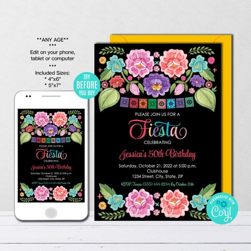 Fiesta Birthday Invitation Mexican Theme Any Age Instant - Etsy