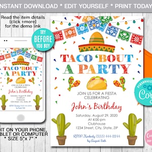 Editable Taco &#39;Bout A Party Invitation, Mexican Invitation, Fiesta Invitation, Party Invite, Instant Download, Digital File, CORJL, Mexico