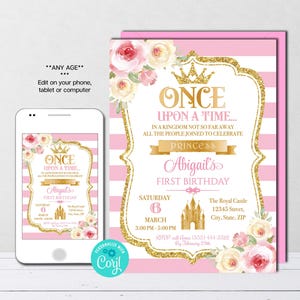 Editable Princess Birthday Invitation ANY AGE Once Upon a Time Gold and Pink First Birthday Party Invitation Printable Instant Download