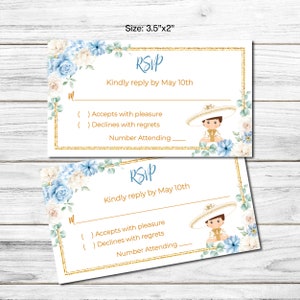 Bearbeitbare blaue Blumen Antwortkarte, Baby Charro, DIY Antwortkarte, Junge, Dustin blaue Blumen Aquarell, mexikanisches Thema, sofortdownload, Corjl
