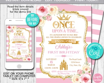 Editable Princess Birthday Invitation ANY AGE Once Upon a Time Gold and Pink First Birthday Party Invitation Printable Instant Download