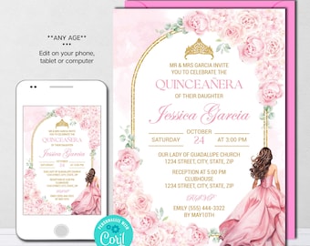 Pink Floral Quinceanera Invitation: Gold Crown Princess Editable Template (Instant Download)