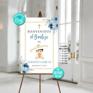 Panneau de bienvenue pour baptême Charro, garçon, modifiable, espagnol, cartel de Bienvenida Bautizo, thème mexicain, fleurs bleues, imprimable, téléchargement immédiat