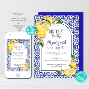 Editable Lemon Birthday Invitation Template, Mediterranean Birthday Party, Blue Tile Pattern, Positano, Amalfi Coast, Digital Download