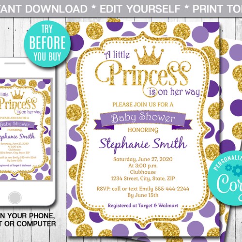 Editable Little Princess Baby Shower Invitation Template Etsy