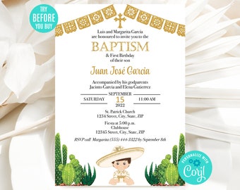 Editable Baptism Invitation template, Baby Charro Baptism Invitation, Cactus and Gold, Mexican Baptism Invitation, Instant Download, CORJL