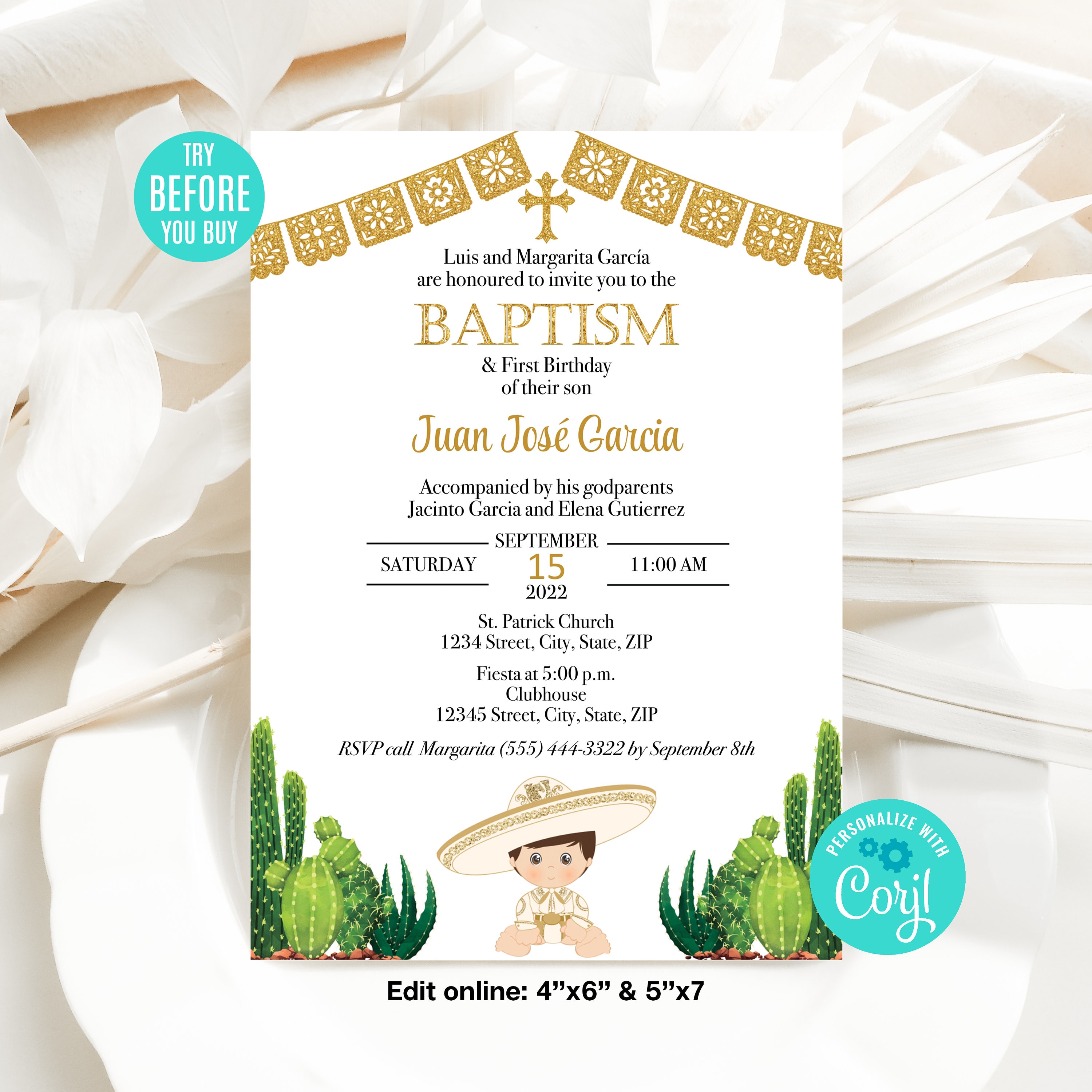 Editable Baptism Invitation Template, Baby Charro Baptism Invitation,  Cactus and Gold, Mexican Baptism Invitation, Instant Download, CORJL - Etsy, image size:3000x3000