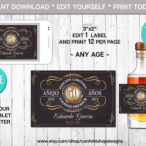 編集可能なミニ酒瓶ラベル、スペイン語、完璧に熟成、あらゆる年齢、ゴールド、ウイスキーラベル、即時ダウンロード、CORJL、デジタルファイル