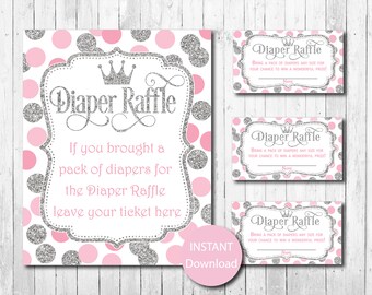 Princess Diaper Raffle Tickets and Sign, Girl, Pink and Silver Princess Diaper Raffle Tickets, Pink and Silver, Printable, Instant Download