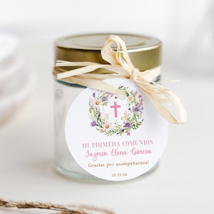 Bewerkbare tag eerste communie, Spaanse bedanktag, Mi Primera Comunion, roze wilde bloemen, afdrukbare sjabloon, Instant Download