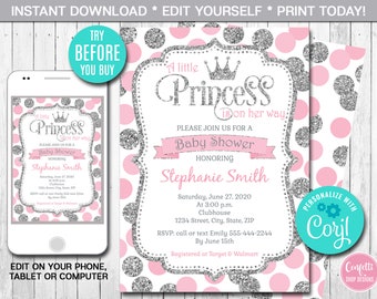 Pink and Silver Princess Baby Shower Invitation, Girl, Princess Invitation, Dots, Printable Invite, Instant Download, Digital File, Corjl