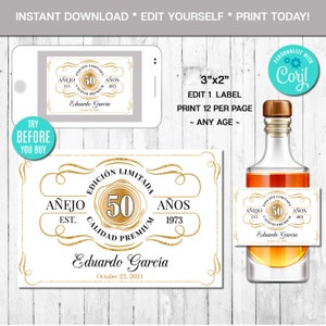 編集可能なミニ酒瓶ラベル、完璧に熟成、スペイン語、ビンテージ、あらゆる年齢、ゴールド、ウイスキーラベル、即時ダウンロード、CORJL、デジタルファイル
