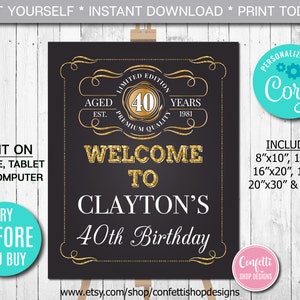 Editable Aged to Perfection Welcome Sign Any Age Birthday Party Welcome Sign Gold Whiskey Label Welcome Sign, Party Decor Instant Download