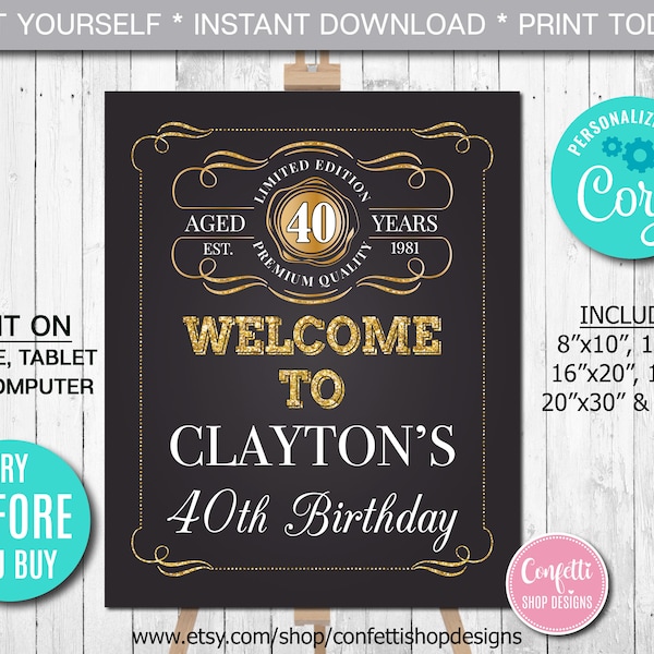 Editable Aged to Perfection Welcome Sign Any Age Birthday Party Welcome Sign Gold Whiskey Label Welcome Sign, Party Decor Instant Download