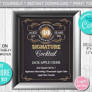 Editable Signature Cocktails Sign ANY AGE Aged to Perfection Signature Drinks Sign Gold Whiskey Label Sign Instant Download CORJL