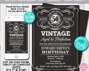 Editable Aged to Perfection Birthday Invitation, ANY AGE, Whiskey Label Birthday Invitation, Vintage Birthday Party, Instant Download, CORJL