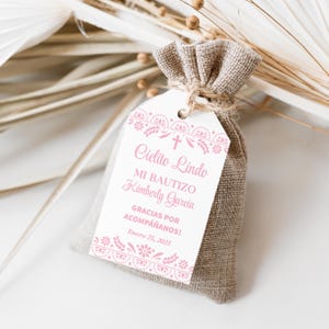 Cielito Lindo Bautismo Favor Etiqueta, Papel Picado Rosa, Plantilla Editable, Tema Barro Mexicano, Flores de Talavera, Descarga Digital, CORJL