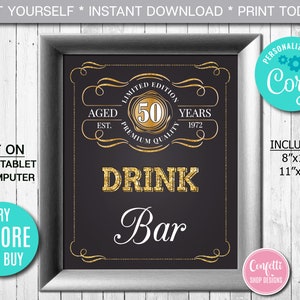 Editable Drink Bar Sign ANY AGE to Perfection Birthday Party Sign Gold Whiskey Label Sign, Party Decor Instant Download CORJL Template