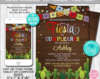 Editable Mexican Birthday Invitation Spanish Birthday Invite Fiesta Invitation Invitacion Fiesta Mexicana Cumpleaños Instant Download CORJL