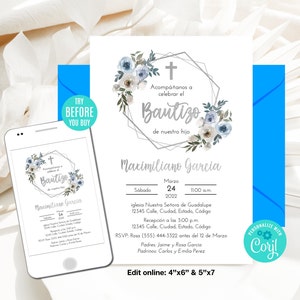 Editable Baptism Invitation Boy Spanish Blue Silver Wreath Flowers Gold Christening Invitation Printable Template Instant Download Digital