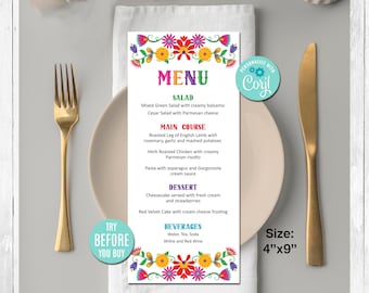 Editable Mexican Menu Card Template, Mexican Birthday, Mexican Flowers,Birthday Party, Printable Menu Template, DIY, Instant Download, CORJL